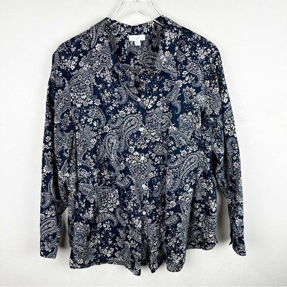 J. Jill Floral Button Down Blouse Long Sleeve Top Black 2X